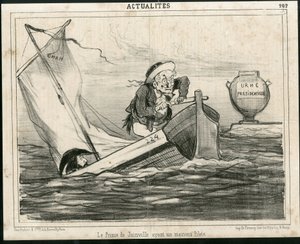 Illusztráció Chamről (1819-1879) Le Charivariban, 1850 körül - Joinville hercegének rossz pilótája van - Választások, köztársasági elnök, Maritime Marine Nautique Balneaire - Thiers Adolphe, Francois d
