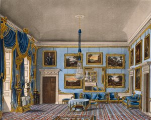 Kék bársonyterem, Daniel Havell (1785-1826) metszete, Charles Wild (1781-1835) terve alapján, A királyi rezidenciák történetéből alkotó: Charles (after) Wild