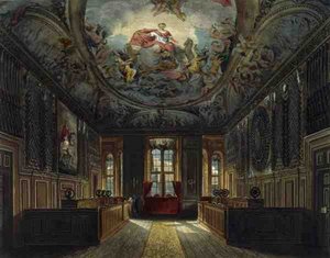 A királynő őrszobája, Windsor kastély, a "Royal Residences" című képből, Thomas Sutherland (sz.1785) metszete, kiadó: William Henry Pyne (1769-1843).
