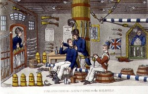 The Gun Room, Newcome in the Bilboes, lemez a John Mitford (1782-1831) „The Adventures of Johnny Newcome in the Navy” című filmből, 1818 (litho)