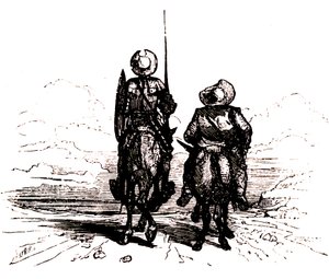 Don Quijote a lován, mellette Sancho a szamarán. alkotó: Charles Albert d