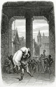 Quasimodo megmenti Esmeraldát a kivégzéstől – illusztráció a Notre Dame de Parisból, 19. század (bw metszet)