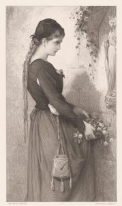 Fiatal nő virágot hoz a Mária-szobor fülkébe Marguerite (cím a tárgyon) alkotó: Charles Alphonse Deblois