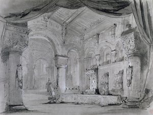 A palota belső terének díszlete Giuseppe Verdi (1813-1901) „Macbeth” című operájának előadásához a Theatre Lyrique-ben, Chatelet, 1865 (szén és fehér kréta papíron) alkotó: Charles Antoine Cambon