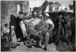 Katonai szolgálat: sorshúzás Burgundiában, sorkatonák Macon közelében. Montbart metszete a „” The Illustrous World”” 1299. számában, 1882. február 18. alkotó: Charles Auguste Loye