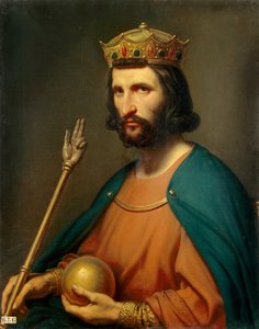 Hugues Capet (941-996) francia király portréja 987-ben Földgömböt és jogart tart a kezében, a hatalom szimbólumait. Charles de Steuben (1788-1856) festménye 19. század V. 0,91x0,74 m. - Hugues Capet (941-996), 987-es francia király portréja.