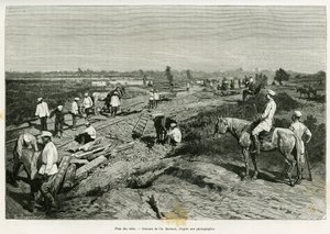 A transzkaszpi sínek lefektetése. Metszet Ch. Barbant, hogy illusztrálja az Utazás a mervben című történetet, Edgar Boulanger, a tour du monde 1887-ben, rendező: Edouard Charton (1807-1890), Hachette, Párizs. alkotó: Charles Barbant