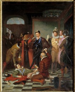 III. Henrik francia király meglökte I. Lotharingiai Henrik, Guise Balafre-nak nevezett herceg (1550-1588) holttestét, miután meggyilkolták a blois-i kastélyban. alkotó: Charles Barthelemy Durupt