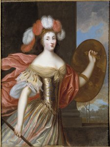 Olympe Mancini, Soissons és Athena grófnője – Olympia Mancini (1638-1708), Soissons grófnője, mint Athéné portréja, Beaubrun, Charles (1604-1692). Olajfestmény. Mérete: 130x99 cm. Nemzeti Múzeum Stockholm