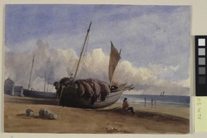 Tengerparton horgászcsónak ülő halászsal alkotó: Charles Bentley