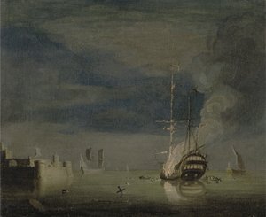 Egy kétszintes tűz éjjel egy erődnél, 1740 körül (olaj, vászon) alkotó: Charles Brooking