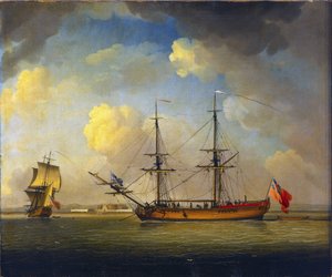 A "Naval Snow", egy kétárbocos brit hajó, amelyet a Királyi Haditengerészet ellátmányának szállítására használtak, a horizonton, Fort Tilbury, a Temzén, Anglia alkotó: Charles Brooking