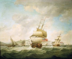 Kereskedőhajó és egy királyi jacht verődik a szélben, Dover (Anglia) partjainál. Olaj, vászon, 1750 körül, készítette Charles Brooking (1723-1759). alkotó: Charles Brooking