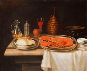 Egy csendélet; egy homárral és kenyérrel a Salversen, egy kancsó borral és más tárgyakkal egy részben terített márványpárkányon, alkotó: Charles Collins