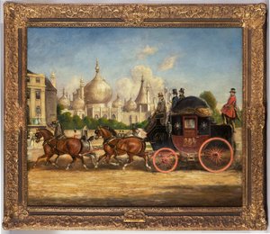 A London-Brighton postakocsi a királyi pavilon előtt, Brightonban