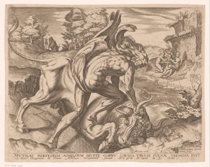 Herkules megszelídíti a krétai bikát Hercules munkái Frans Floris után (sorozat címe)