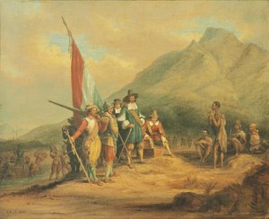 Jan van Riebeeck és emberei érkezése a Jóreménység-fokra 1652 áprilisában alkotó: Charles Davidson Bell