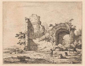 Táj romokkal és pásztorral Romokat ábrázoló nyomatok tájban (sorozat címe) Cahier de ruines et de paysages (sorozat címe) alkotó: Charles Echard (attributed to)