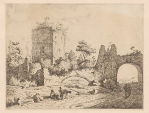 Táj egy torony és egy kapu romjaival Romokat ábrázoló nyomatok tájban (sorozat címe) Cahier de ruines et de paysages (sorozat címe) alkotó: Charles Echard (attributed to)