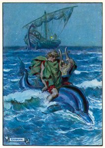 Felfedezte, hogy egy nagy, fekete halon ül (színes litográfia). alkotó: Charles Edmund (after) Brock