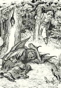 "A lány arrafelé jövet meglátta a lányt, amint mélyen alszik" (litográfia)