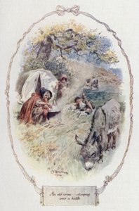 Egy vízforraló fölé görnyedő öreg csávó (színes litó) alkotó: Charles Edmund Brock