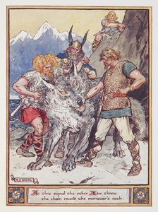 – Erre a jelre a másik Esir a láncot a szörny nyakába dobta. Tyr megfogadja a kezét, hogy megláncolja a Fenrirt, a farkast, illusztrációja az „Asgard hősei” című könyvből, Annie Keary, kiad. 1930 (színes litó) alkotó: Charles Edmund Brock
