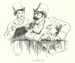 Bukméker, aki esélyeket latolgat egy versenypályán (metszet) alkotó: Charles Edmund Brock
