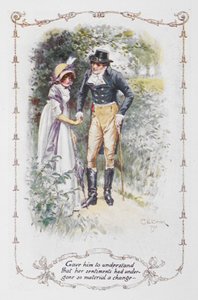 Megértette vele, hogy érzelmei olyan lényeges változáson mentek keresztül.” Elizabeth Bennet és Mr Darcy, illusztrációja Jane Austen „Büszkeség és balítélet” című művéhez. alkotó: Charles Edmund Brock