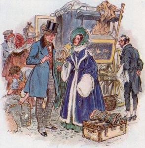 Nagy várakozások, Estella megérkezik Cheapside-ba Rochesterből autóbusszal alkotó: Charles Edmund Brock