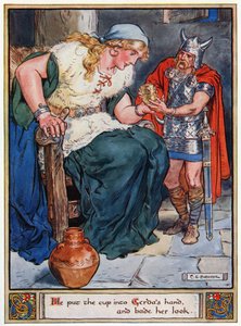 „Gerda kezébe tette a csészét, és ránézett” – illusztráció: „Asgard hősei, mesék a skandináv mitológiából”, A und E Keary, 1930 alkotó: Charles Edmund Brock