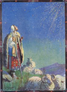 Szikrázó szikraesőként hullott le, jelenet a "The Story of the Firefly"-ból, Gaster Mózes (1856-1939) "Gyermekmesék a román legendákból" című kötetéből 1921. alkotó: Charles Edmund Brock