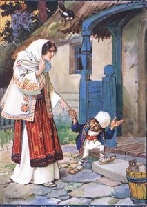 Bit öccse magával vitte kedves menyasszonyát a házba, amelyet neki épített, jelenet a Little Brother Bit című filmből Moses Gaster (1856-1939) Gyermektörténetek a román legendákból című filmből, 1921 (lith színes) alkotó: Charles Edmund Brock