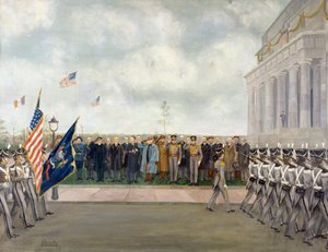 Joffre marsall washingtoni kiküldetésben West Point diákjait vizsgálja, 1917 tavaszán Charles Edmund Brock (1870-1938), első világháború, Egyesült Államok, XX. század alkotó: Charles Edmund Brock