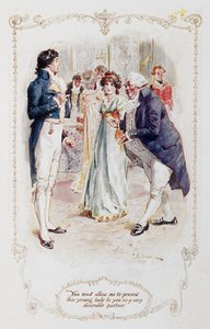 Sir William Lucas: „Mr, Darcy, meg kell engednie, hogy ezt a fiatal hölgyet nagyon kívánatos partnerként mutassam be önnek (Elizabeth Bennet”), illusztrációja Jane Austen „Büszkeség és balítélet” c.