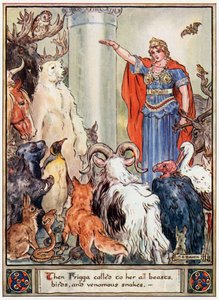„Akkor Frigga magához hívta az összes vadállatot, madarat és mérges kígyót”, illusztráció az „Asgard hősei, mesék a skandináv mitológiából” című könyvéből, A und E Keary, 1930 alkotó: Charles Edmund Brock