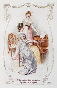 Nyomorultságukat vacsora utáni duettekkel enyhítették, illusztrációja Jane Austen Büszkeség és balítélet című művéhez. alkotó: Charles Edmund Brock
