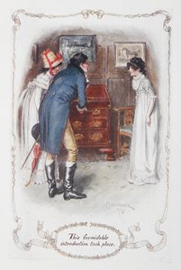 Megtörtént ez a félelmetes bemutatkozás”, Georgina Darcy és testvére, Fitzwilliam Darcy Elizabeth Bennet-vel, Jane Austen „Büszkeség és balítélet” című művének illusztrációja alkotó: Charles Edmund Brock