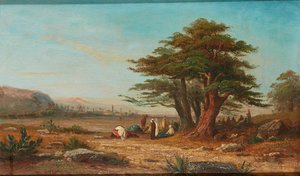 Tábor felállítása pihenő tevékkel (olaj a panelen) alkotó: Charles Edouard (attr.to) Frere