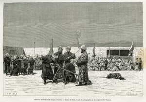 Gyakorlatok a kínai hadsereg által felfegyverzett és kiképzett csapatok Taifourchi sáncpuskáinak manipulálására, Delort rajza egy kacsgari (vagy Kashiban, Kínában) 1873-74-es angol nagykövetség emlékeinek illusztrálására, Mr. Chapman és Gordon által. Metsz alkotó: Charles Edouard Delort