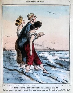 Hagyományos férfi két fiatal hölgyet kísér a tengerben való fürdéshez, 1850-70 körül (színes litográfia)