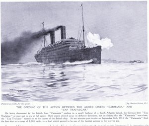 A nyitóakció a Carmania és a Cap Trafalgar fegyveres hajók között, Dél-Atlanti-óceánon, 1915. szeptember alkotó: Charles Edward Dixon