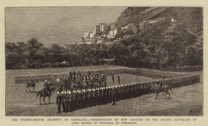 A huszonnegyedik ezred Isandlanában, új színek bemutatása a második zászlóaljnak a Magdalai Lord Napier által Gibraltárban alkotó: Charles Edwin Fripp