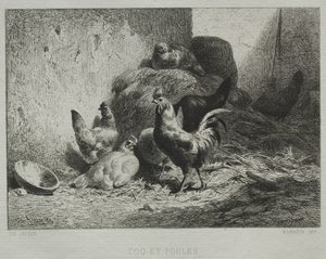 Kakas és tyúkok alkotó: Charles Emile Jacque