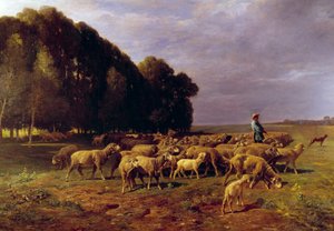 Birkacsorda a tájon vagy „” Pásztor birkacsordát hajt a síkságon”” Charles Jacque (1813-1894) festménye 19. század V. 1,76x2,8 m alkotó: Charles Emile Jacque