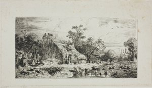 Táj nádfedeles kunyhókkal alkotó: Charles Emile Jacque