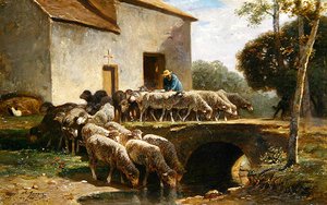 The Flock Leaving (olaj a panelen) alkotó: Charles Emile Jacque