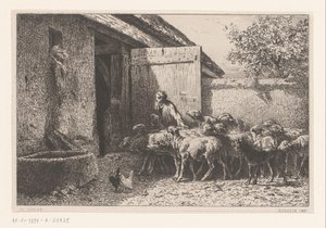 Nő vezeti a juhokat az istállóba Bergerie alkotó: Charles Emile Jacque