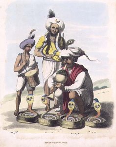Kígyóbűvölők Manupar falu közelében, 24. tábla a "Keleti rajzok"-ból, metszette William Ellis (1747-1810) pub. 1806 (aquatinta)