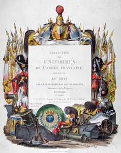 A francia hadsereg egyenruha-gyűjteményének előlapja, amelyet a királynak ajándékoztak, 1823. alkotó: Charles Etienne Pierre Motte